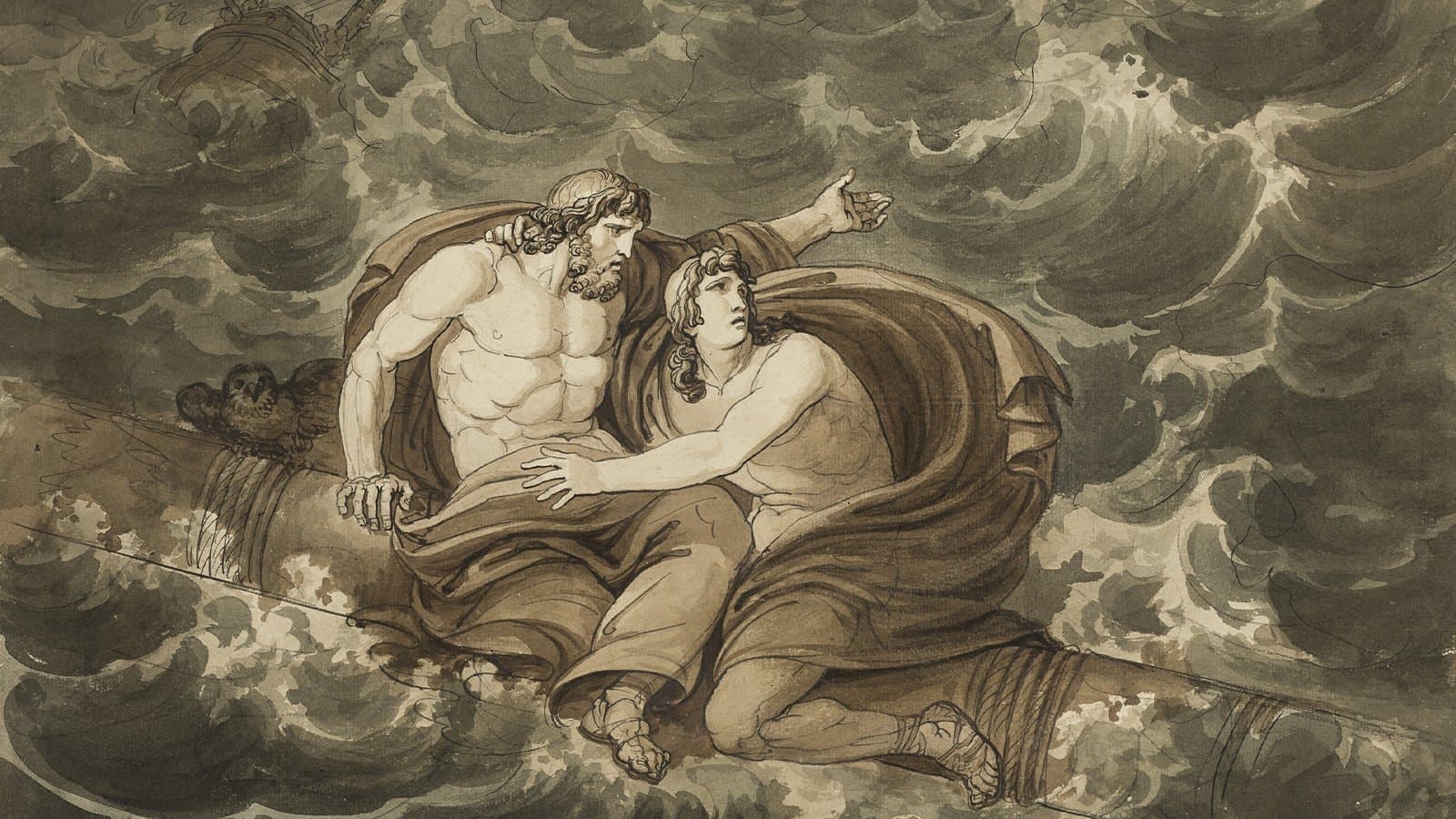 Дауылдан аман шыққан Ментор мен Телемахтың діңгектің үстінде Калипсо аралына жеткен кезі, «Телемах хикаяларынан» алынған, 6 кітап| Суретші: Бартоломео Пинелли