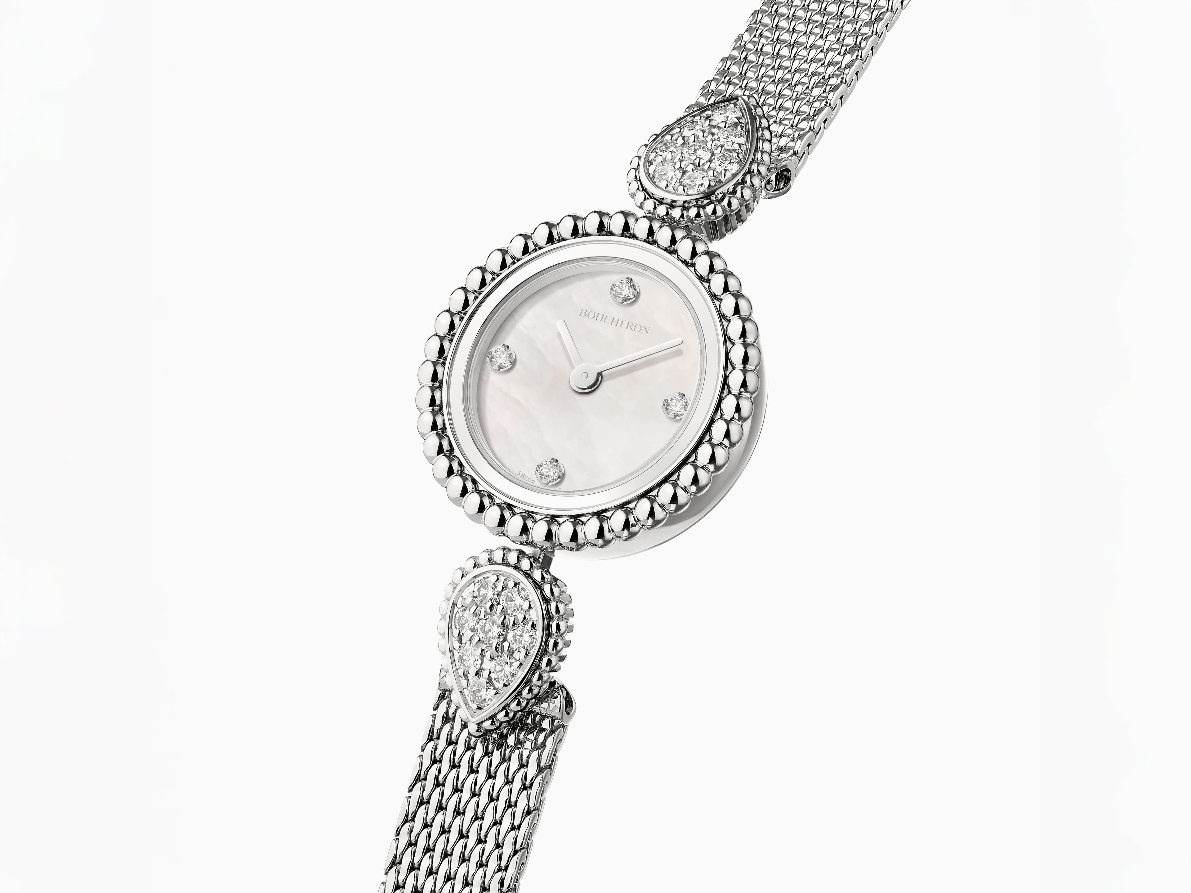 Часы Serpent Bohème из стали, украшенные бриллиантами, с белым перламутровым циферблатом и стальным браслетом