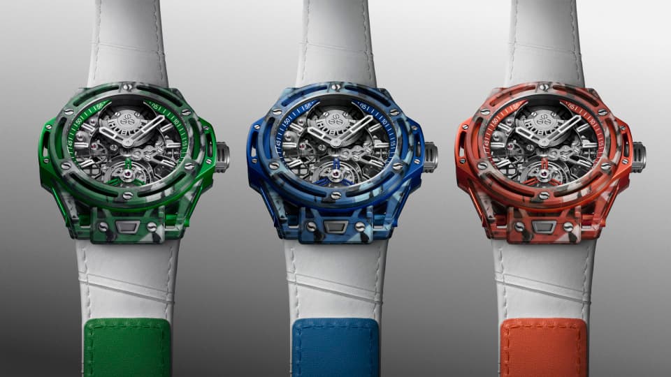 Hublot Big Bang Tourbillon Novak Djokovic GOAT Edition 2026 года в зеленом, синем и оранжевом цветах, соответствующих разным покрытиям теннисных кортов
