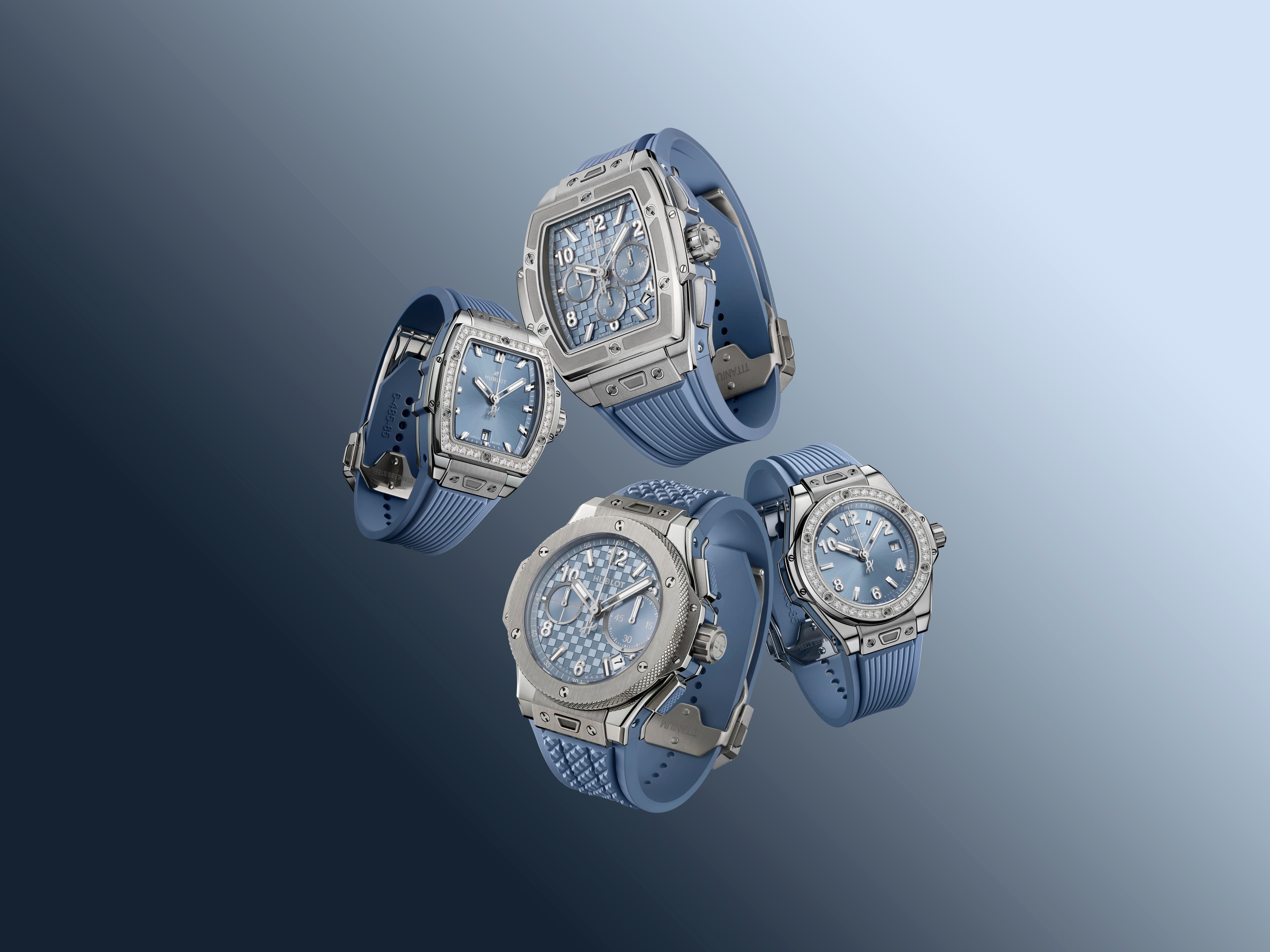 Четыре модели из линейки Hublot Big Bang в угольно-голубой цветовой гамме